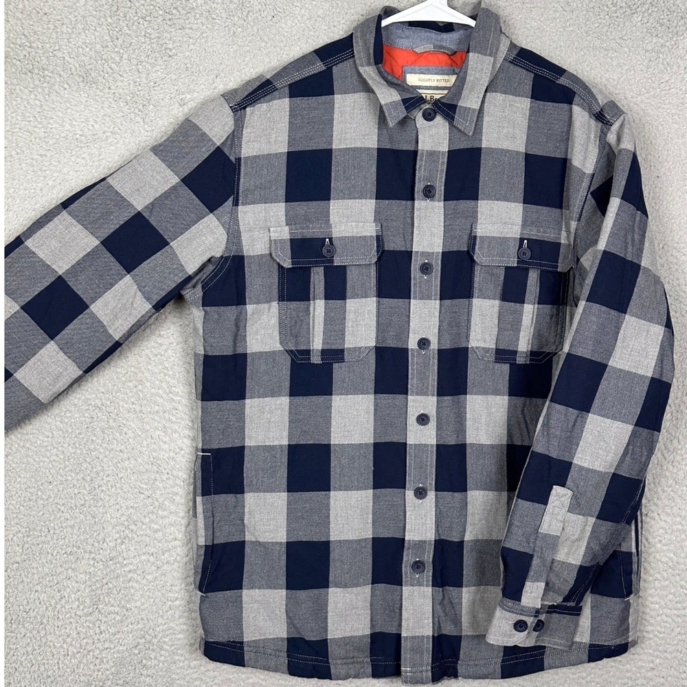 L.L. Bean Shirt Jacket Mens Medium Slightly Fitted Navy Grey Check Quilted Lined